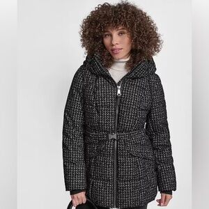Brand new Dkny Wool-Blend Hooded Puffer Coat in Black & White